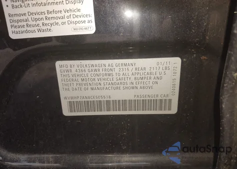 2012 Volkswagen Cc Lux Plus z USA, uszkodzony, nr VIN WVWHP7AN8CE505518